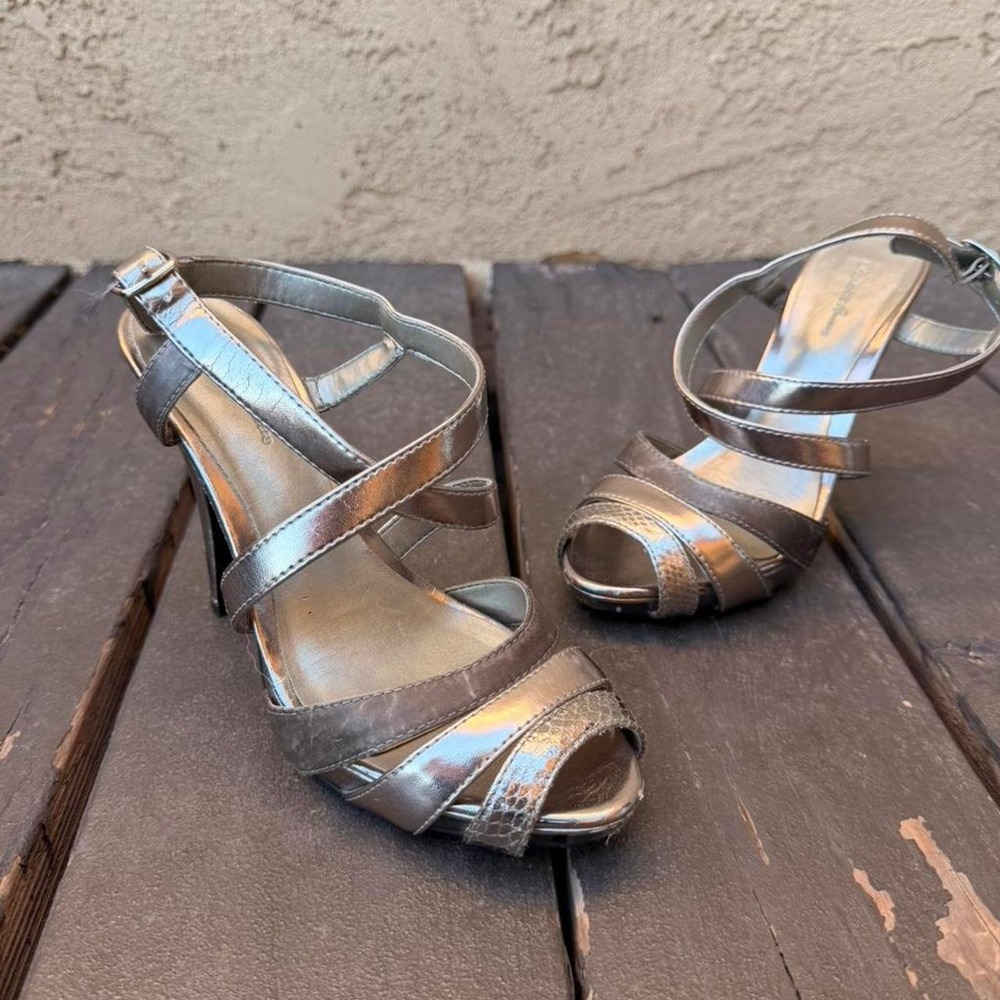 silver metallic strappy heels